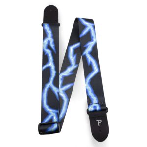 Guitar Strap (Blue Lightning Bolt) Double Sided Design for Kids & Adults, Adjustable, For Acoustic Bass & Electric Guitars